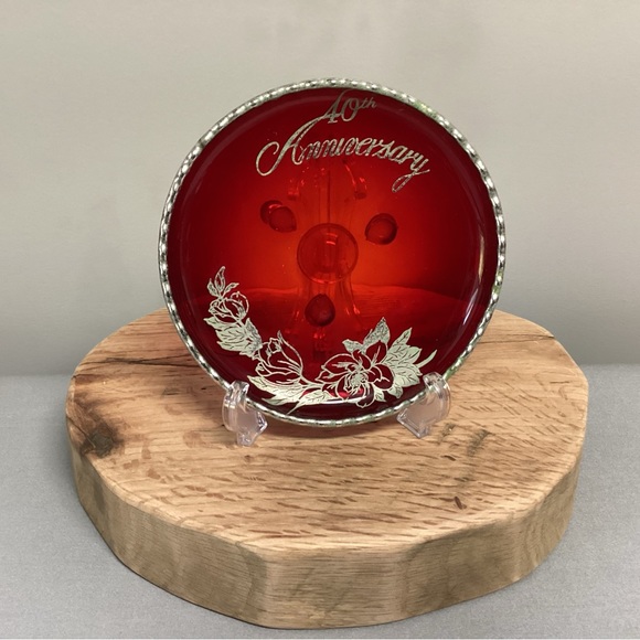 Vintage - Ruby Red Bon Bon Dish - 40th Anniversary - Trimmed out in Silver - Picture 2 of 7